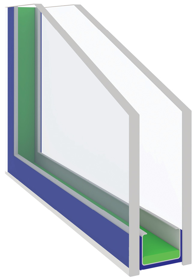 IGU cross-section with desiccant and hot-melt adhesive between glass lites