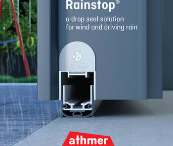 a cross-section view of the bottom of a door showing the rainstop drop seal from athmer