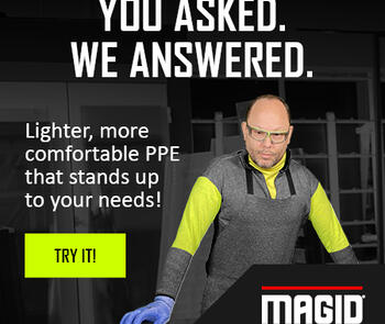 a man wears a gray and bright yellow safety garment and blue gloves from magid, provider of lighter, more comfortable ppe that stands up to your needs